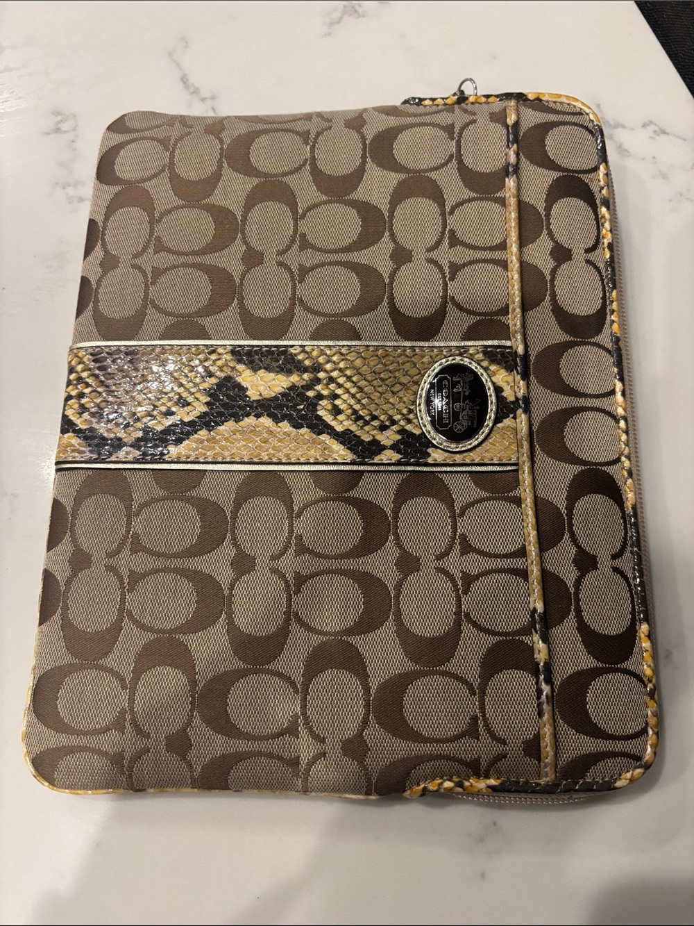 Coach Brown Signature Zip IPad Holder with Snake-Print
